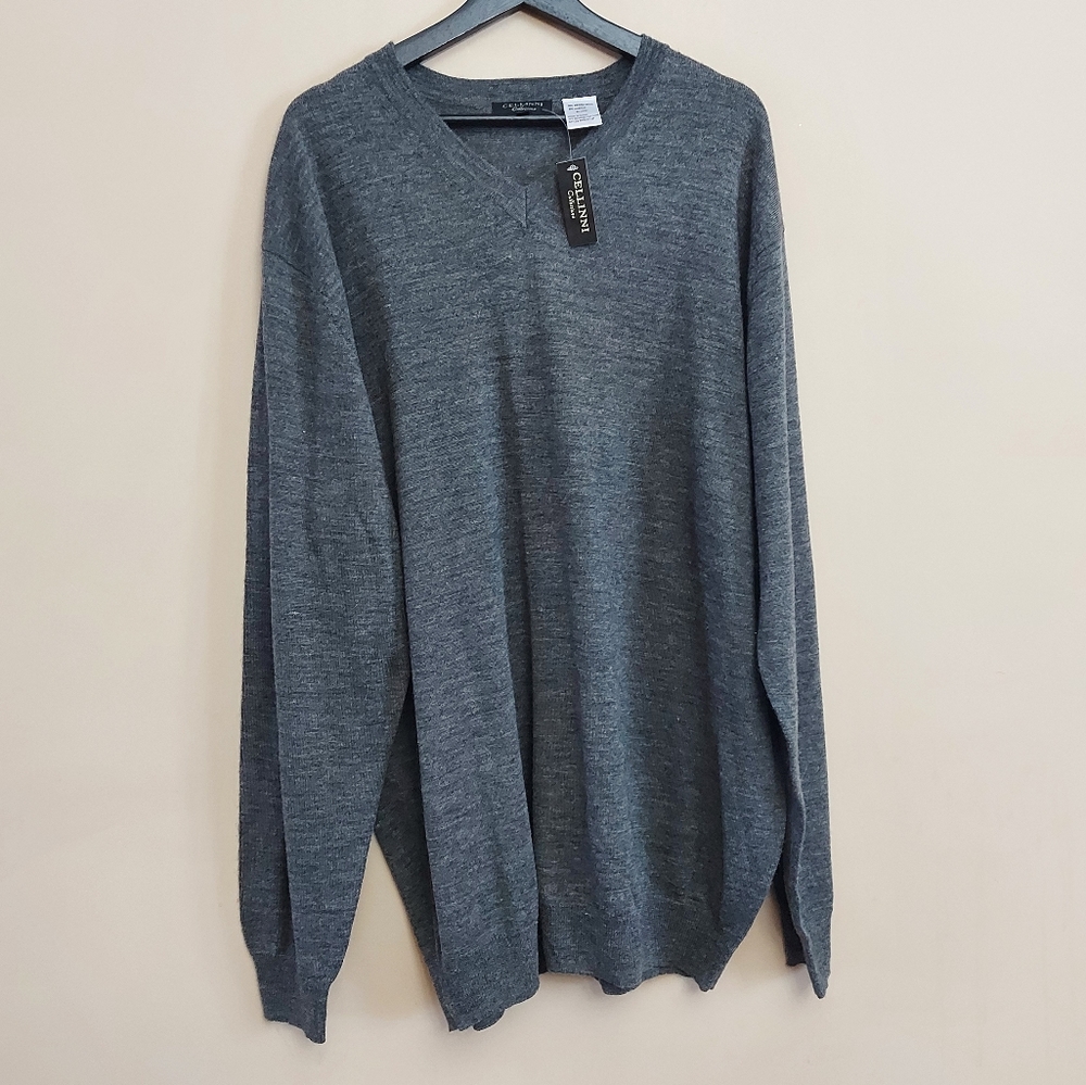 Cellinni Merino Wool Gray VNeck Sweater S8ze X Large